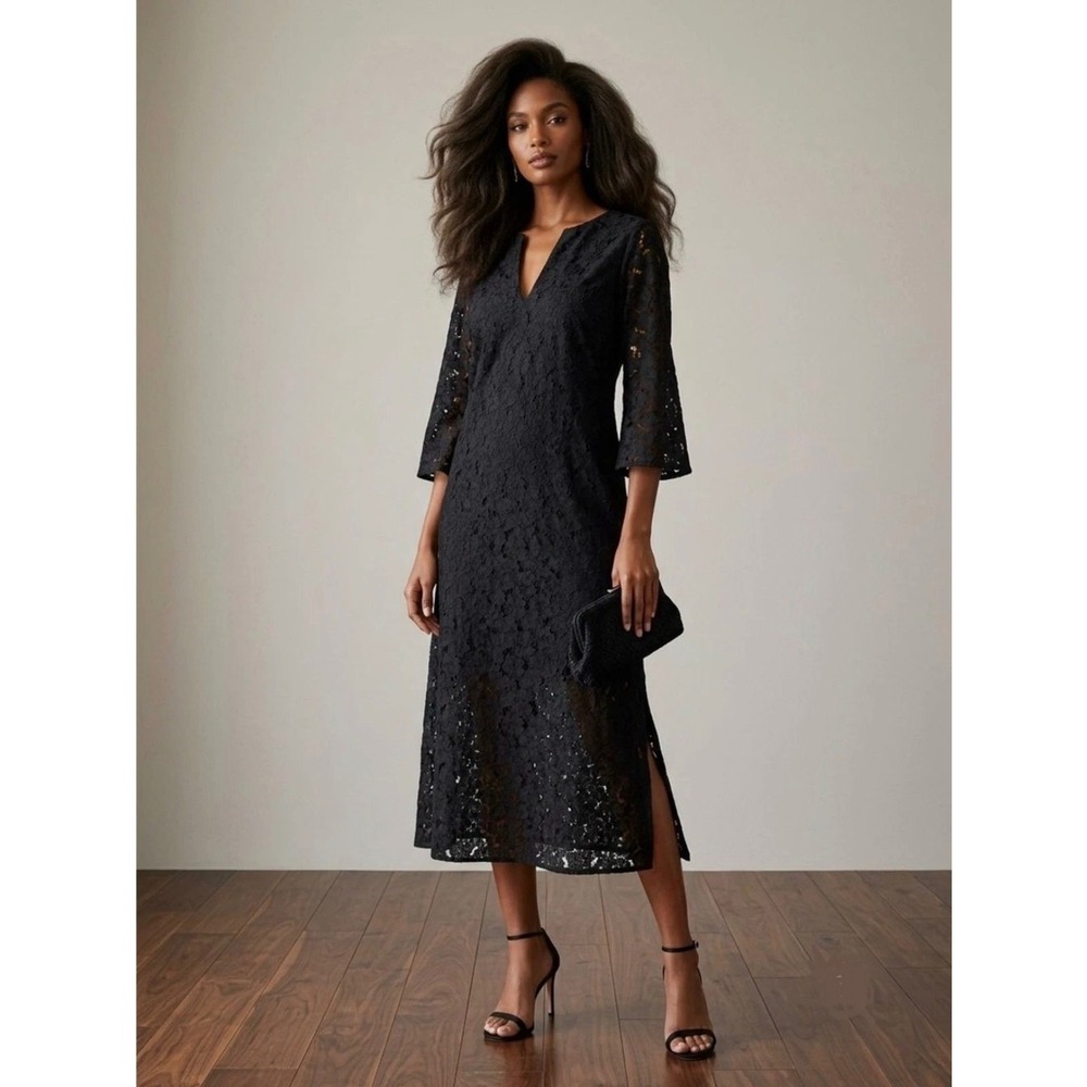 Tuckernuck Black Floral Jamie Lace V-Neck Midi Dress 3/4 Sleeve Small NWT